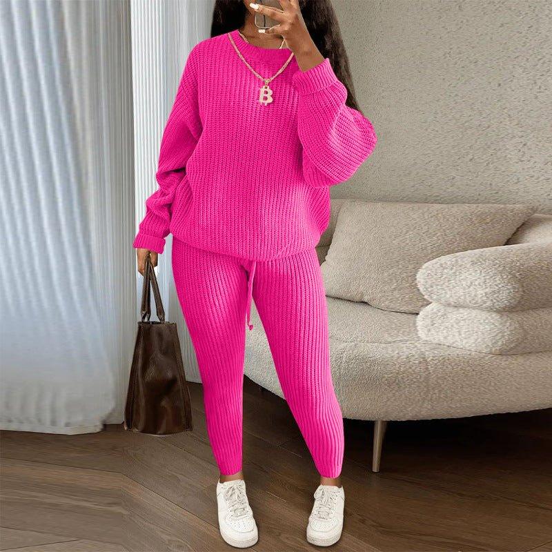 Winter Ribbed Knit Suits Fashion Loose Pullover Sweater Top And Drawstring Pants For Women Trouser Set Clothing  Pre2brand