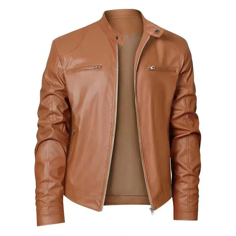 Gentleman'S Warm Zipper Cardigan Pocket Decorated Pu Leather Coat  Pre2brand