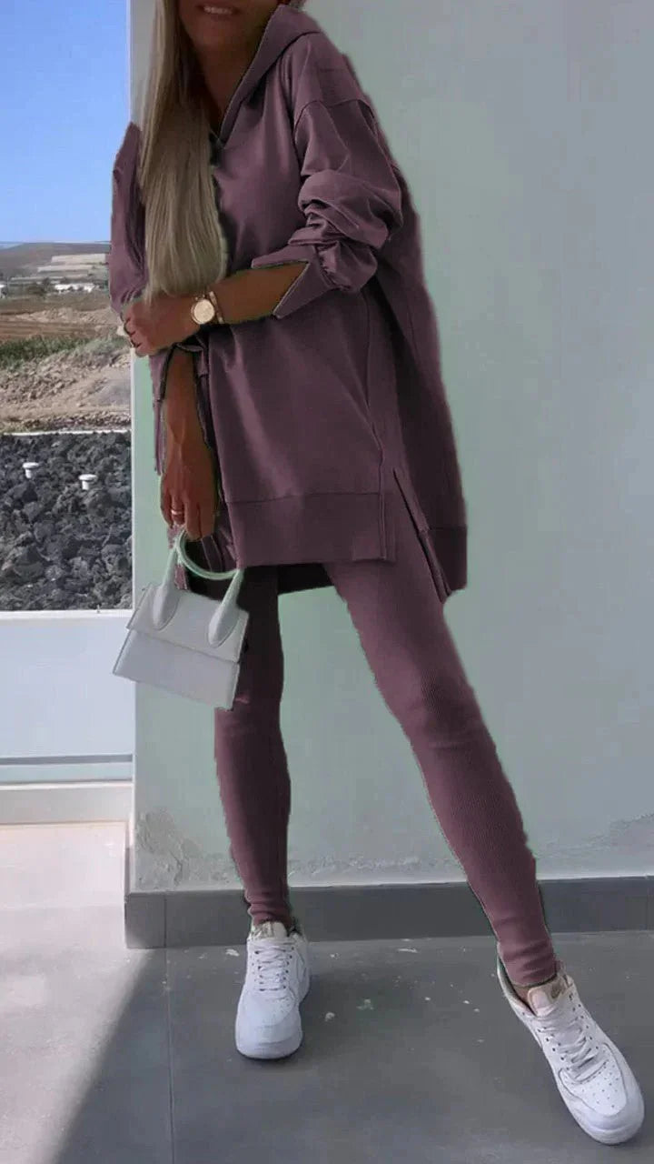 Women'S Sports Casual Slit Hooded Sweatshirt Tights Two-Piece Set  Pre2brand