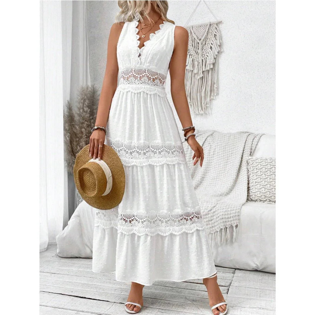 Women'S Lace Stitching V-Neck Sleeveless Dress  Pre2brand