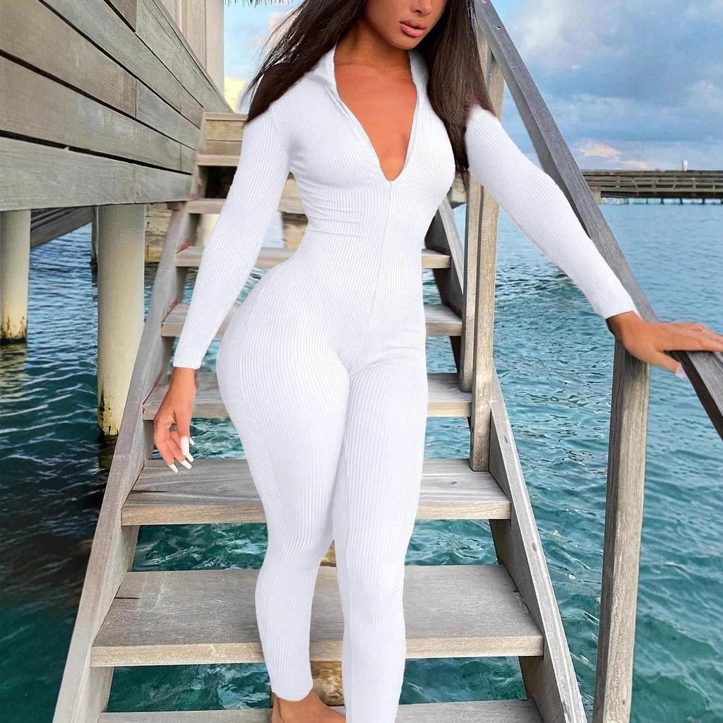 Casual Ribbed Zip-Up Jumpsuit Long Sleeves  Pre2brand