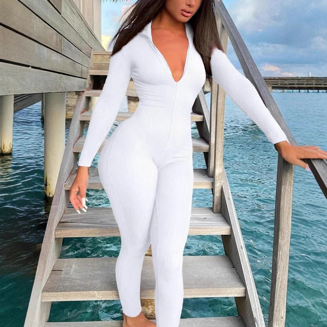 Casual Ribbed Zip-Up Jumpsuit Long Sleeves  Pre2brand