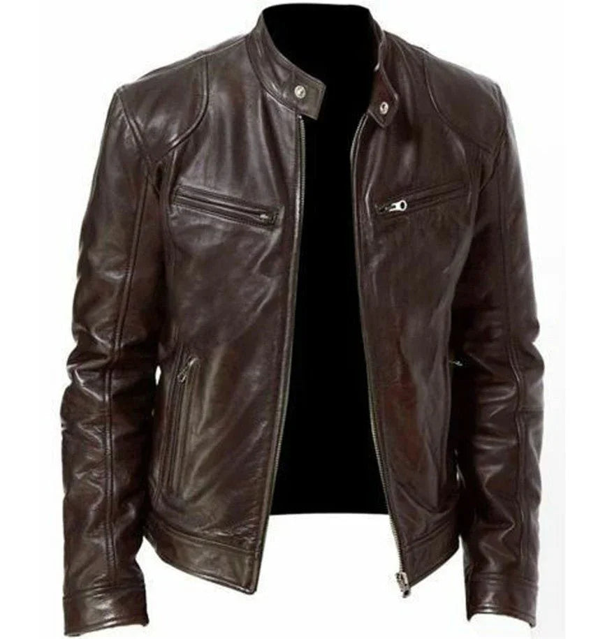 Gentleman'S Warm Zipper Cardigan Pocket Decorated Pu Leather Coat  Pre2brand