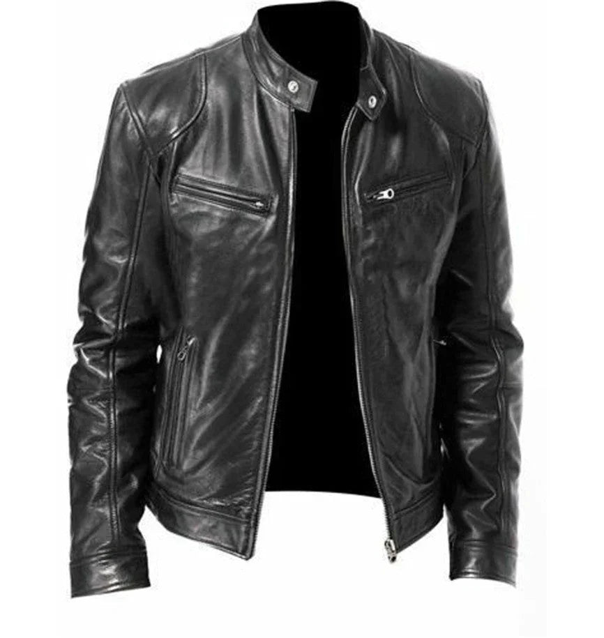 Gentleman'S Warm Zipper Cardigan Pocket Decorated Pu Leather Coat  Pre2brand