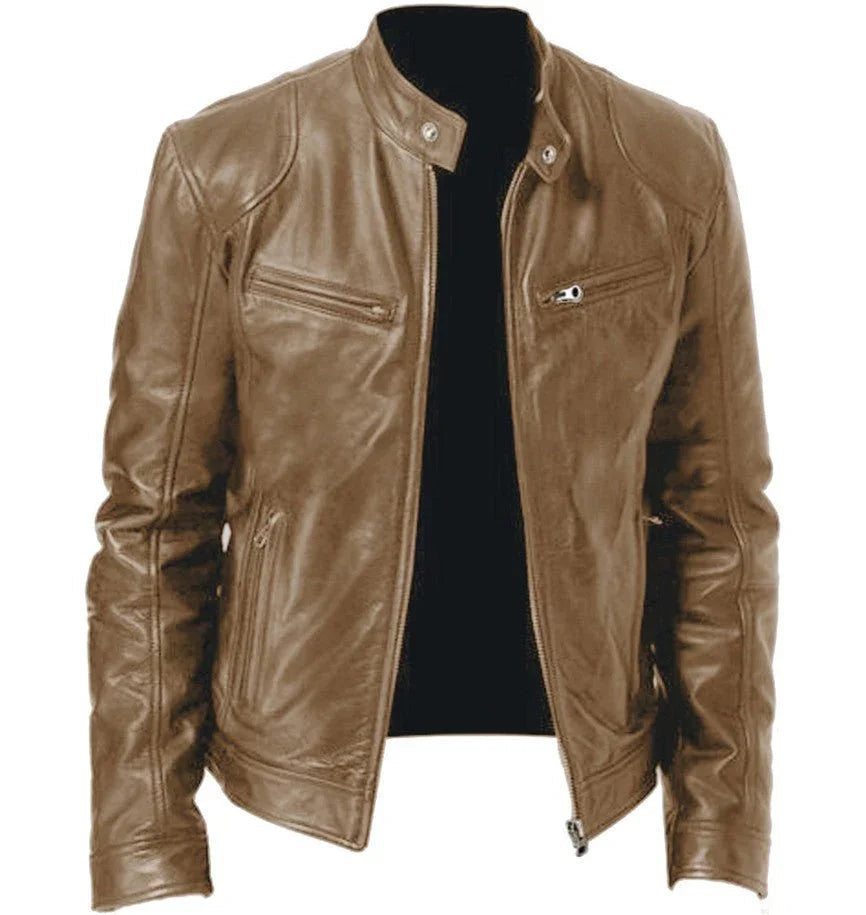 Gentleman'S Warm Zipper Cardigan Pocket Decorated Pu Leather Coat  Pre2brand