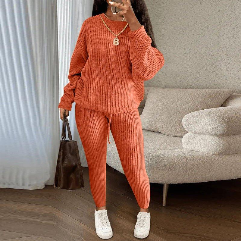 Winter Ribbed Knit Suits Fashion Loose Pullover Sweater Top And Drawstring Pants For Women Trouser Set Clothing  Pre2brand