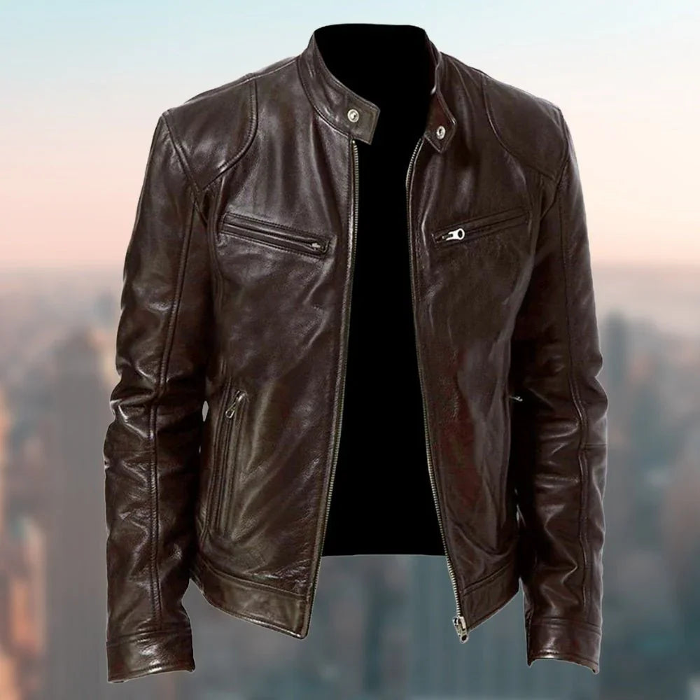Gentleman'S Warm Zipper Cardigan Pocket Decorated Pu Leather Coat  Pre2brand