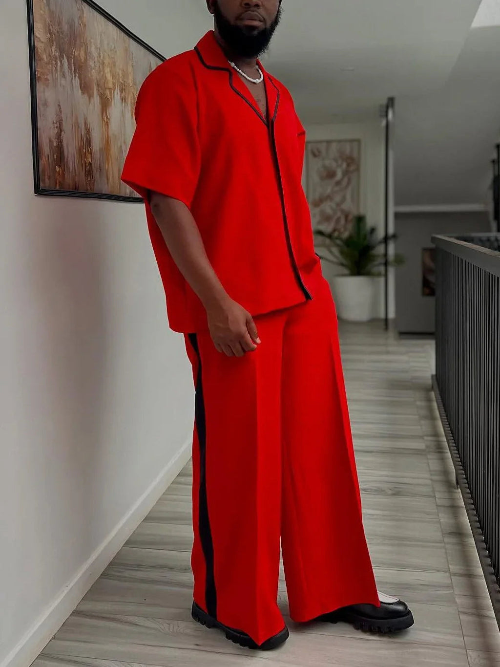 Red Short-Sleeve Shirt And Wide-Leg Pants Set With Black Trim  Pre2brand