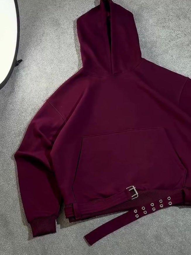 Burgundy Oversized Hoodie With Side Belt  Pre2brand