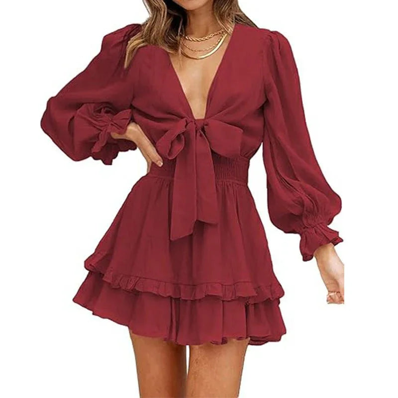 V-Neck Ruffled Slimming Long Sleeves Short A- Line Dress  Pre2brand