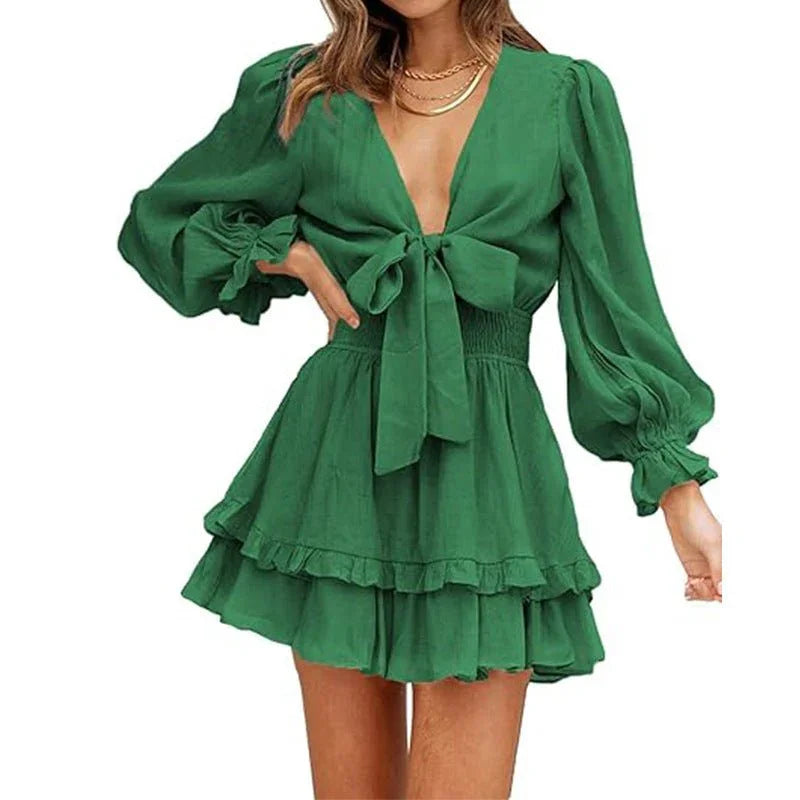 V-Neck Ruffled Slimming Long Sleeves Short A- Line Dress  Pre2brand