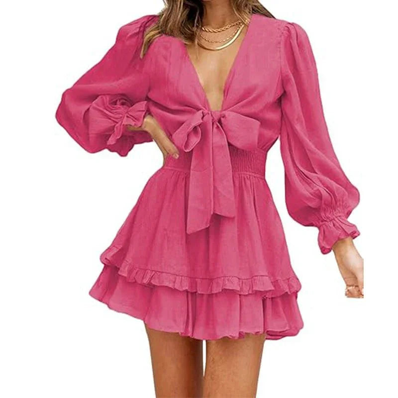 V-Neck Ruffled Slimming Long Sleeves Short A- Line Dress  Pre2brand