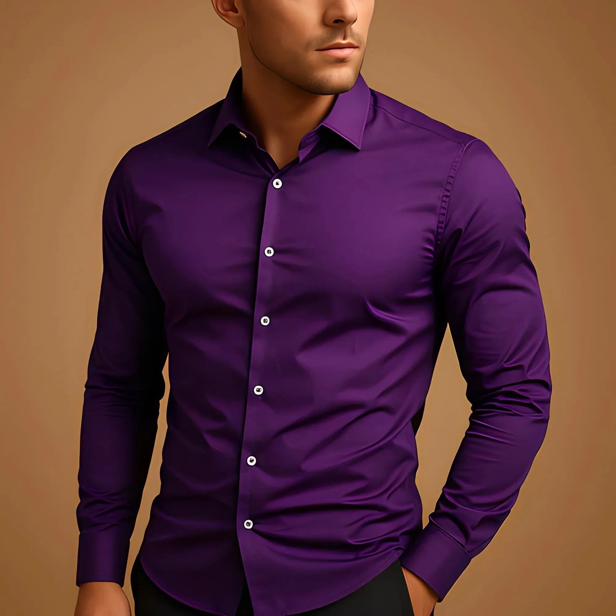 Men's Solid Color Long Sleeve Dress Shirt  Pre2brand