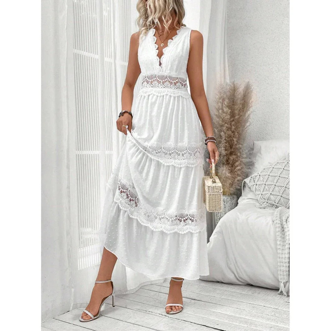 Women'S Lace Stitching V-Neck Sleeveless Dress  Pre2brand