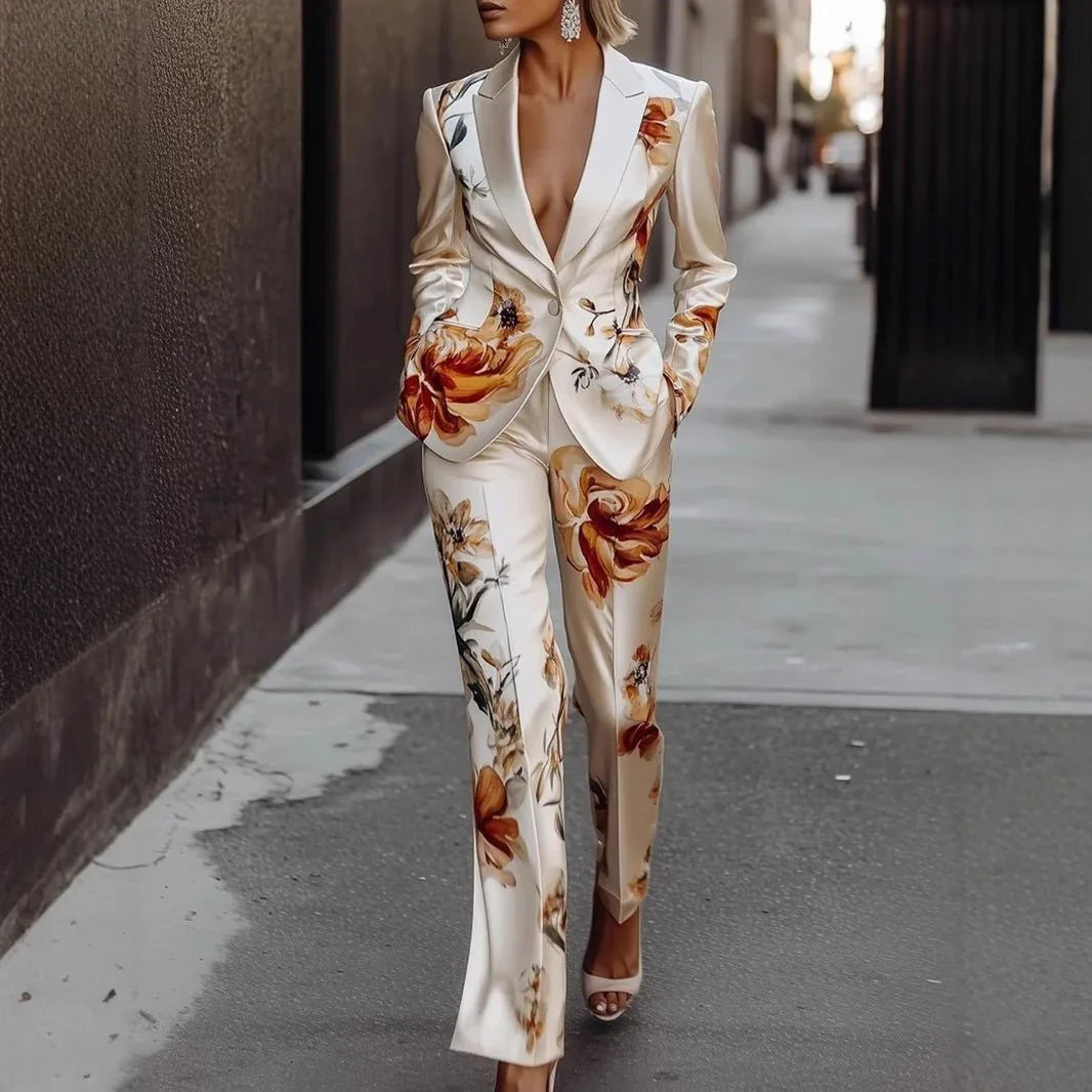 Fashion Printing Satin Long Sleeve Suit Two-Piece Set  Pre2brand