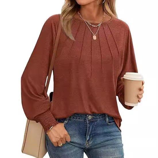 Women's Round Neck Pleated Long Sleeve Top  Pre2brand