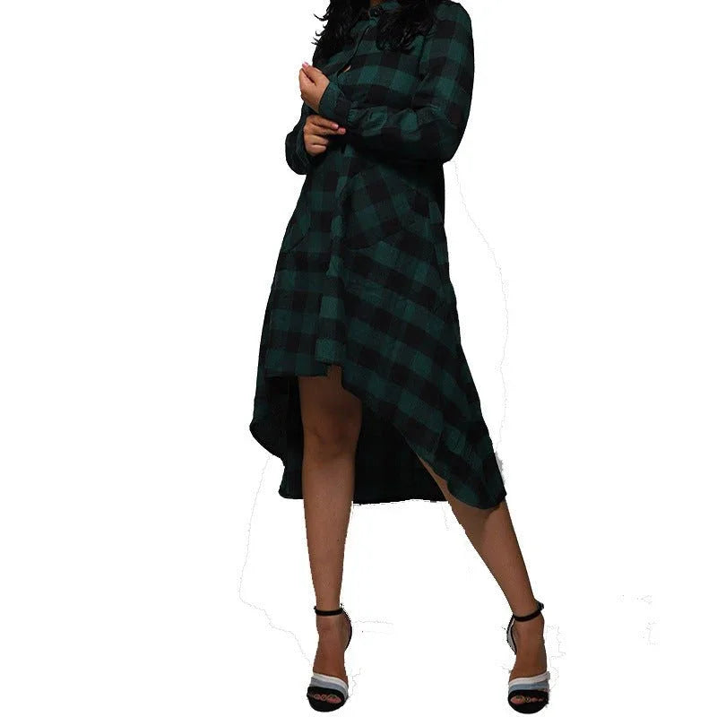 Women's Plaid Pocket Long Sleeve Polo Coat  Pre2brand