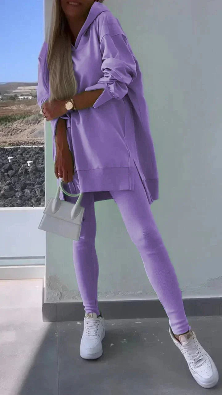 Women'S Sports Casual Slit Hooded Sweatshirt Tights Two-Piece Set  Pre2brand