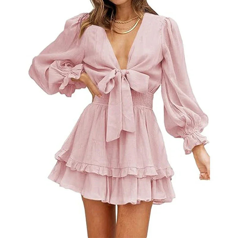 V-Neck Ruffled Slimming Long Sleeves Short A- Line Dress  Pre2brand