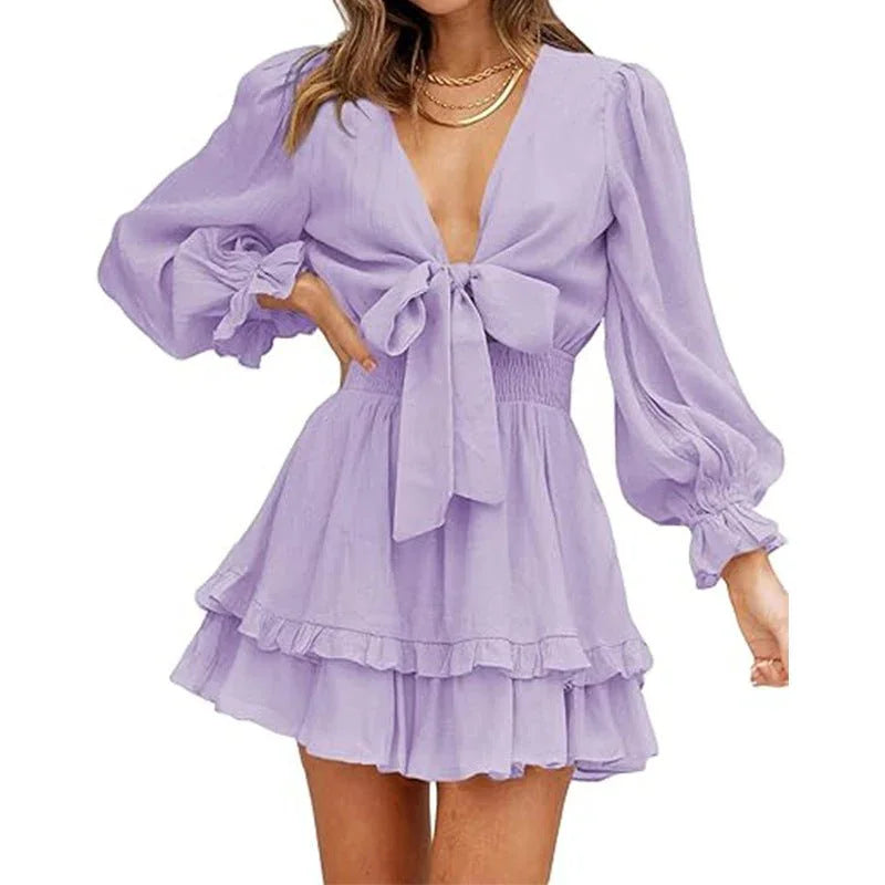V-Neck Ruffled Slimming Long Sleeves Short A- Line Dress  Pre2brand