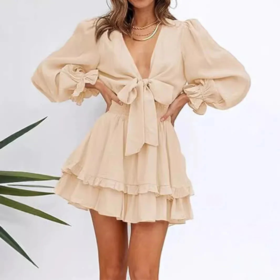 V-Neck Ruffled Slimming Long Sleeves Short A- Line Dress  Pre2brand