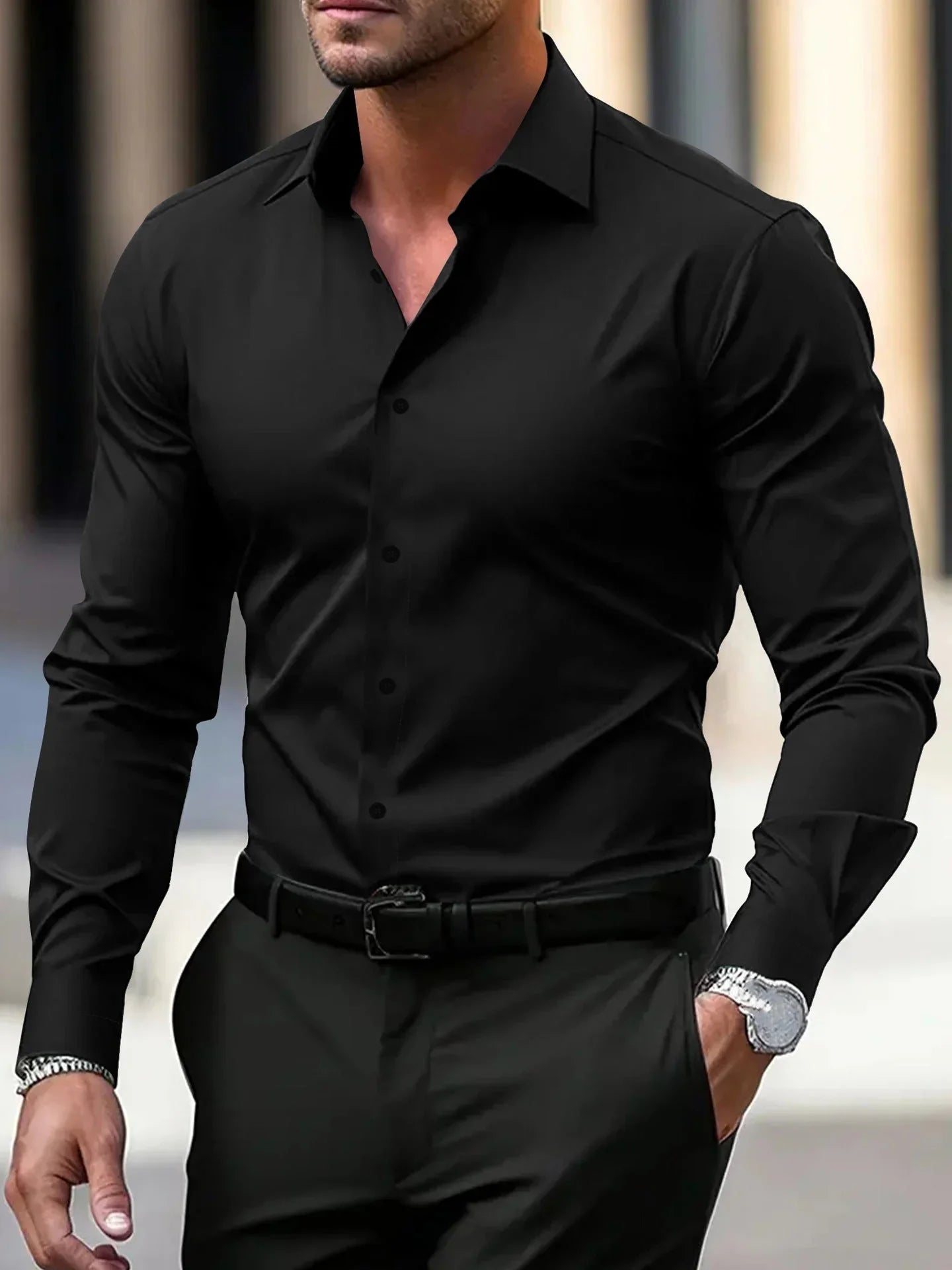 Men's Solid Color Long Sleeve Dress Shirt  Pre2brand
