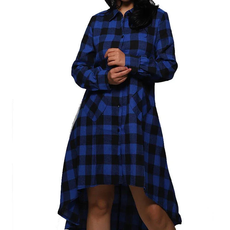 Women's Plaid Pocket Long Sleeve Polo Coat  Pre2brand