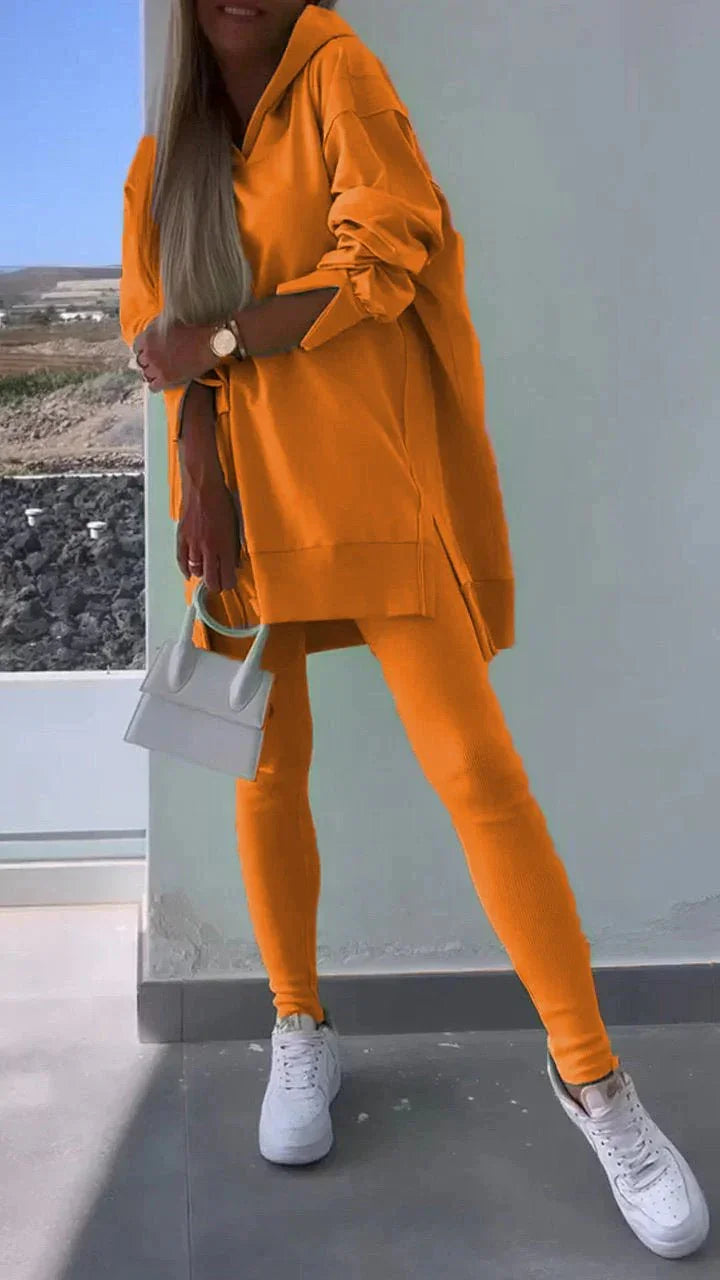 Women'S Sports Casual Slit Hooded Sweatshirt Tights Two-Piece Set  Pre2brand
