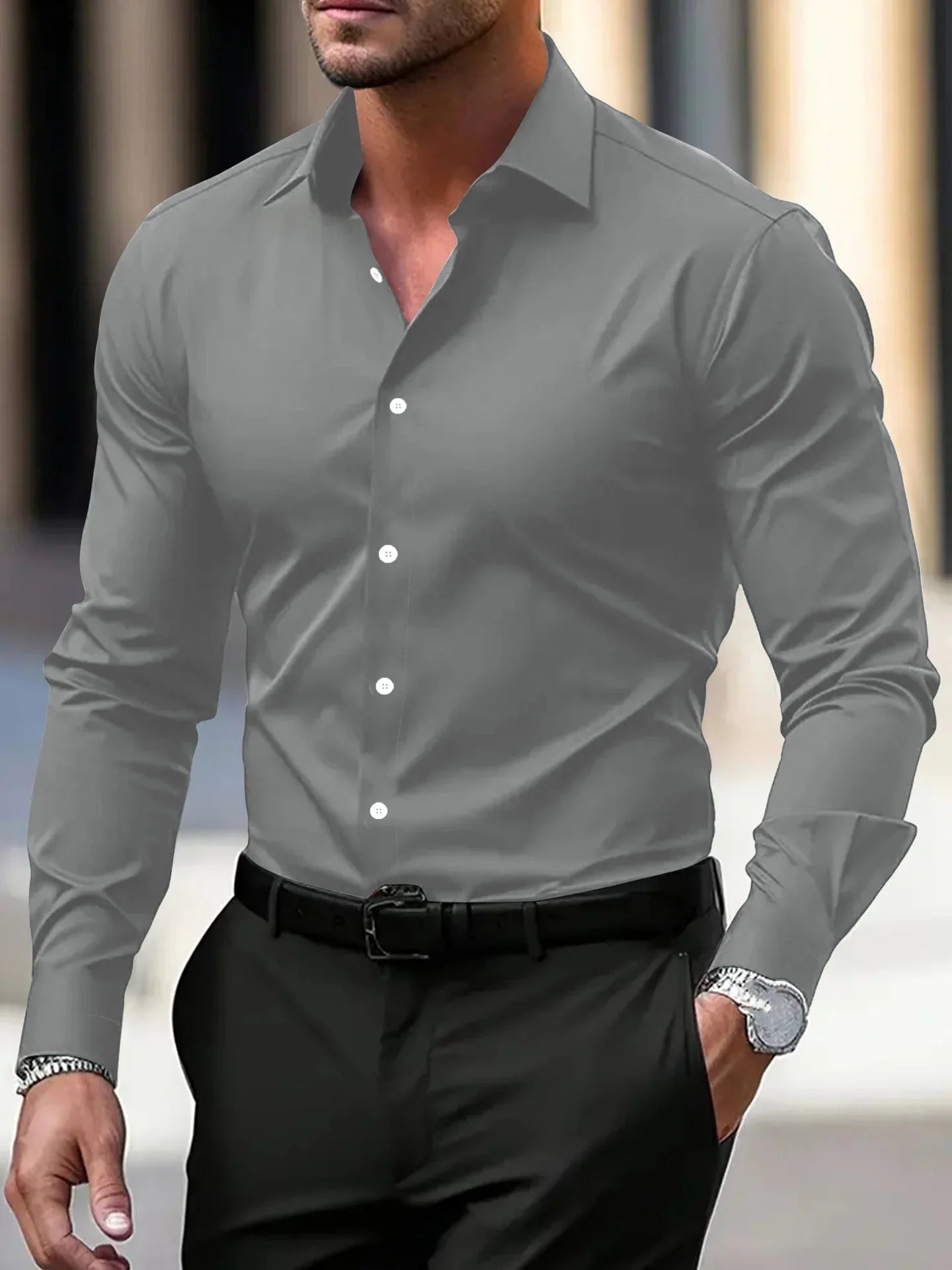 Men's Solid Color Long Sleeve Dress Shirt  Pre2brand