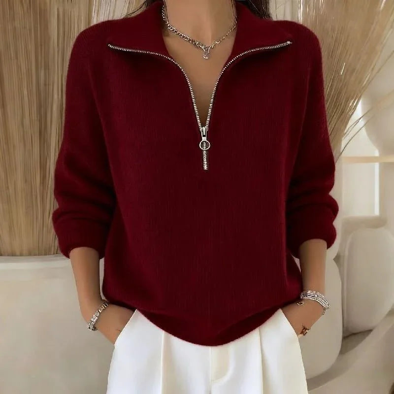 Women's Zip-Up Lapel Knit Sweater  Pre2brand