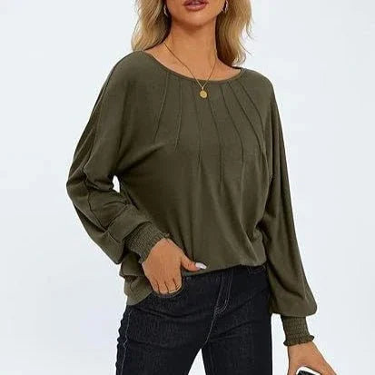 Women's Round Neck Pleated Long Sleeve Top  Pre2brand