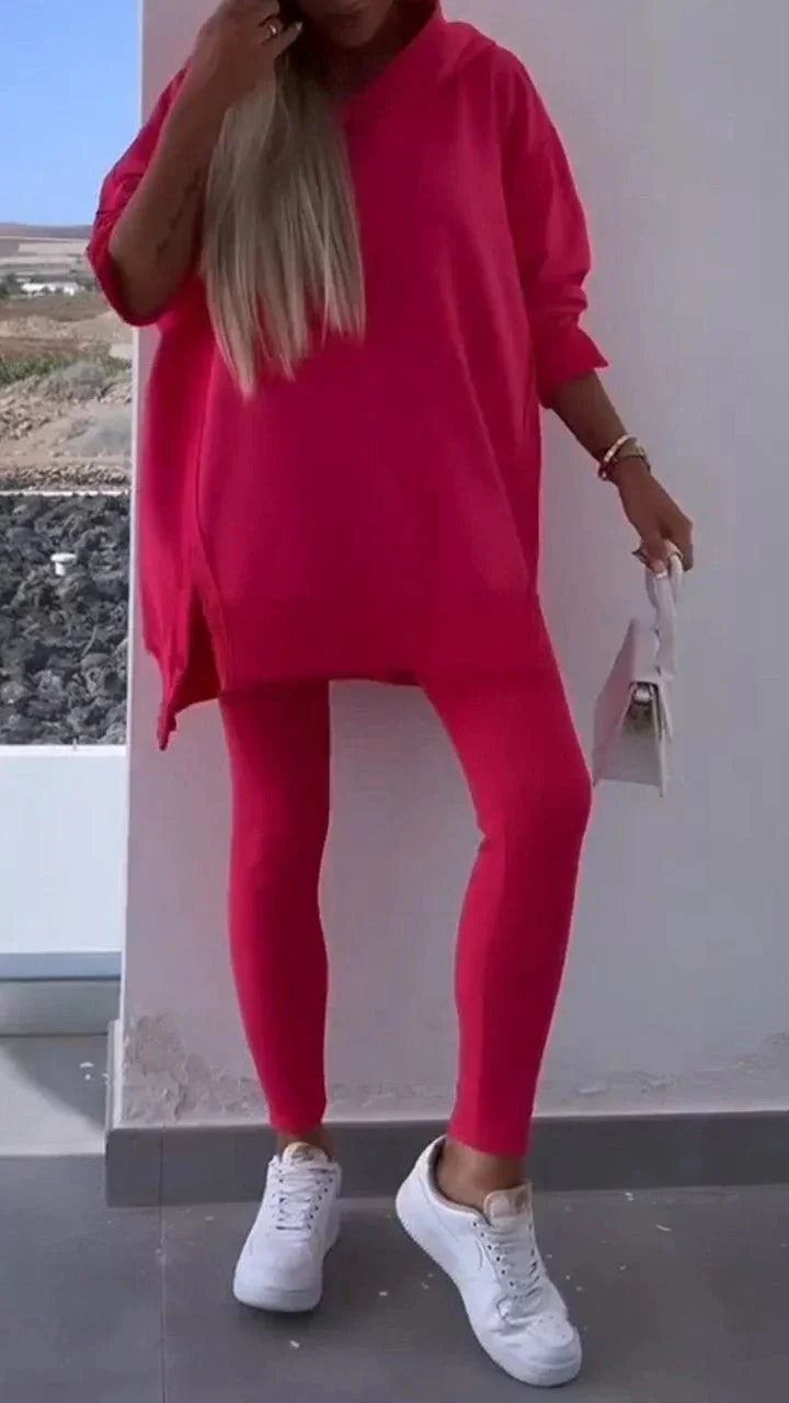 Women'S Sports Casual Slit Hooded Sweatshirt Tights Two-Piece Set  Pre2brand