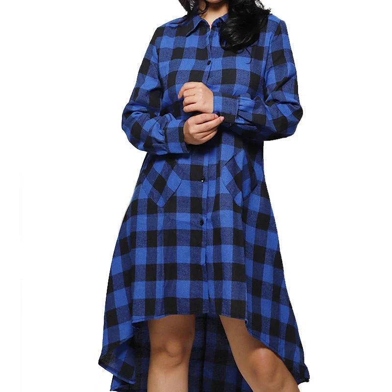 Women's Plaid Pocket Long Sleeve Polo Coat  Pre2brand