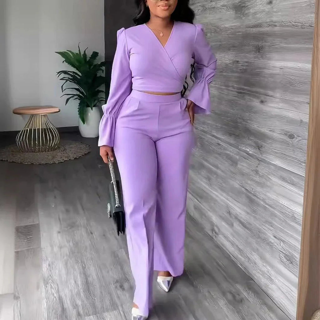 Women's Cross V-Neck Long Sleeve Trouser Suit  Pre2brand