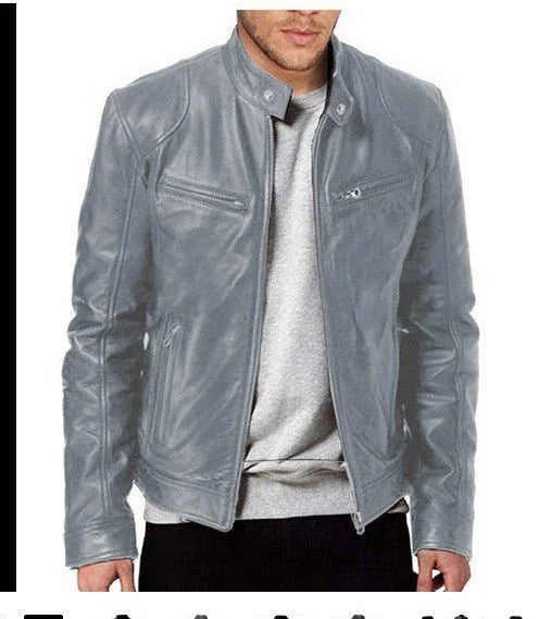 Gentleman'S Warm Zipper Cardigan Pocket Decorated Pu Leather Coat  Pre2brand
