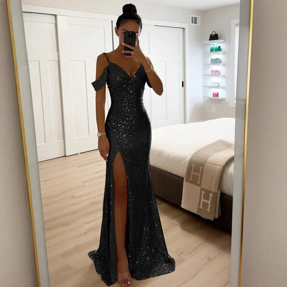 Women'S Casual European And American Sequined Suspender Split Dress  Pre2brand