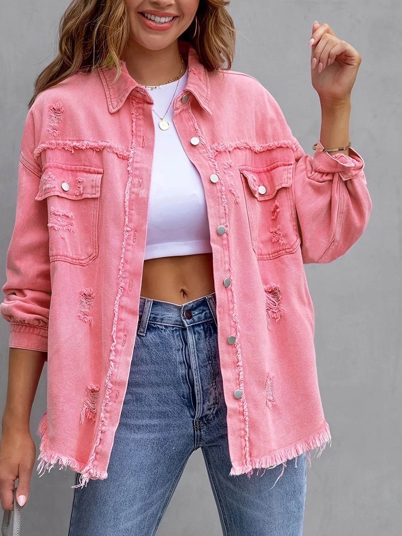 Fashion Ripped Shirt Jacket Female Autumn And Spring Casual Tops Womens Clothing  Pre2brand