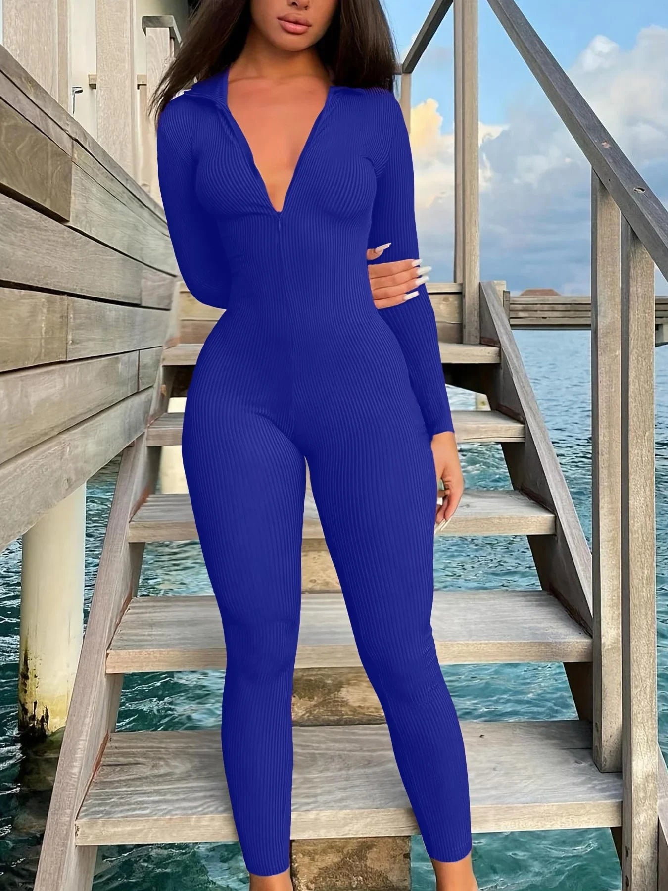 Casual Ribbed Zip-Up Jumpsuit Long Sleeves  Pre2brand