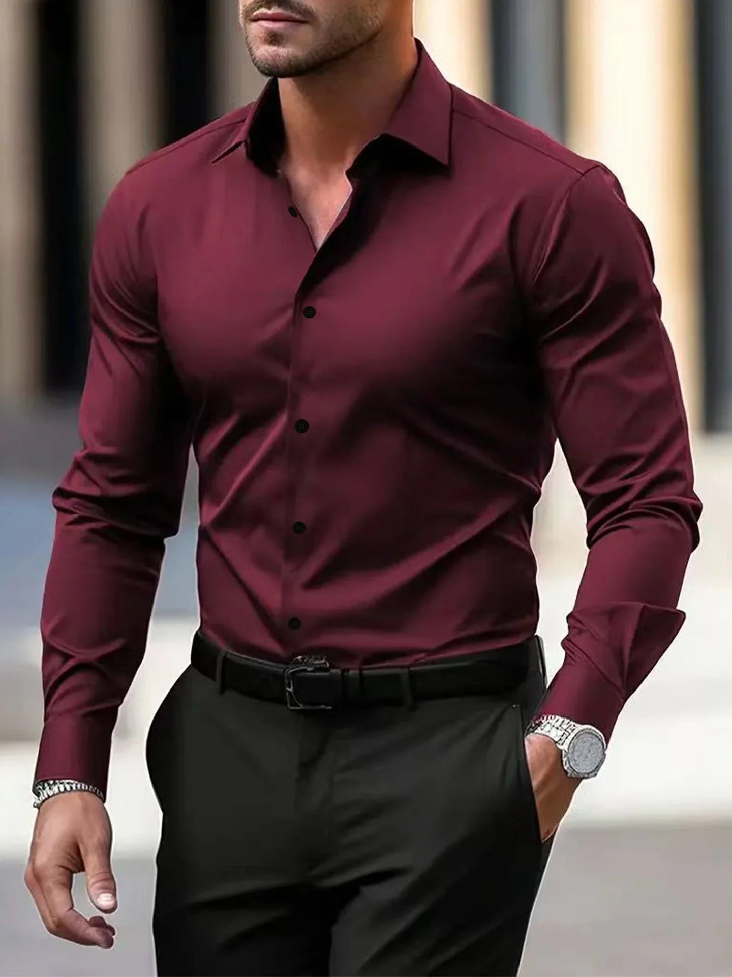 Men's Solid Color Long Sleeve Dress Shirt  Pre2brand