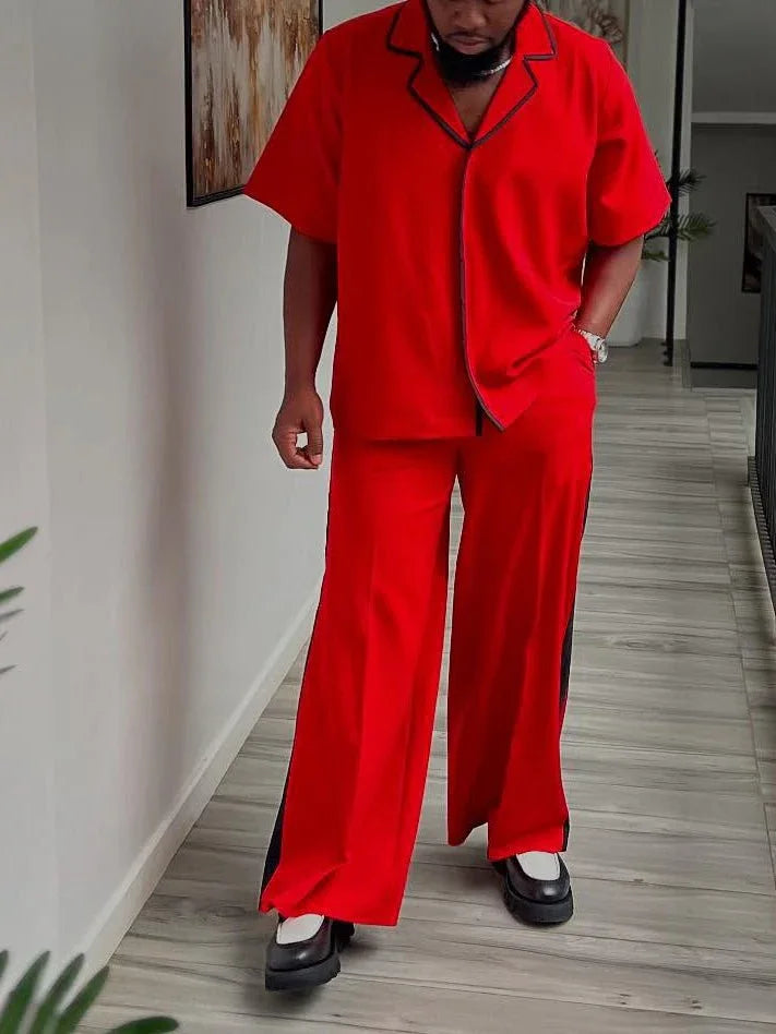 Red Short-Sleeve Shirt And Wide-Leg Pants Set With Black Trim  Pre2brand