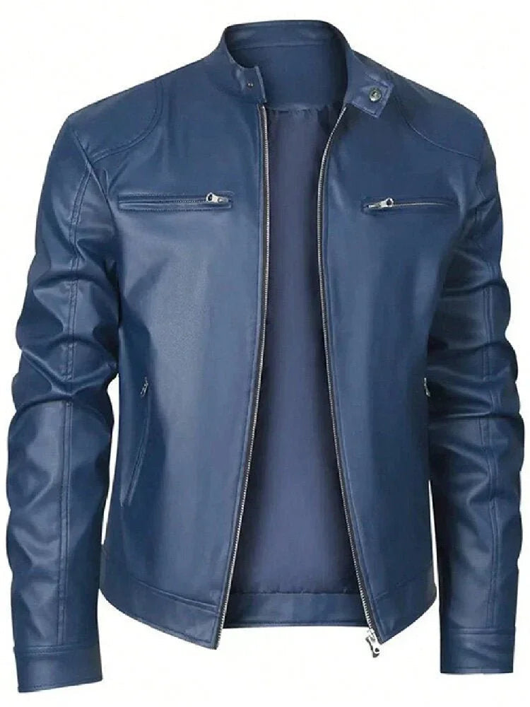 Gentleman'S Warm Zipper Cardigan Pocket Decorated Pu Leather Coat  Pre2brand