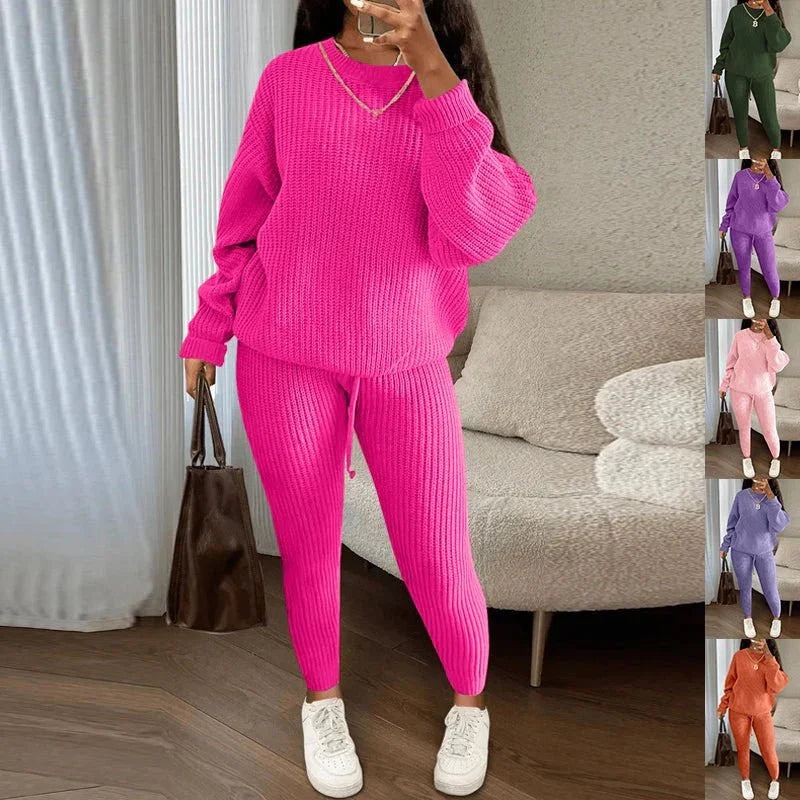 Winter Ribbed Knit Suits Fashion Loose Pullover Sweater Top And Drawstring Pants For Women Trouser Set Clothing  Pre2brand