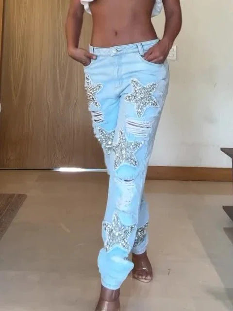 Five-Pointed Star Hot Diamond Ripped Jeans  Pre2brand
