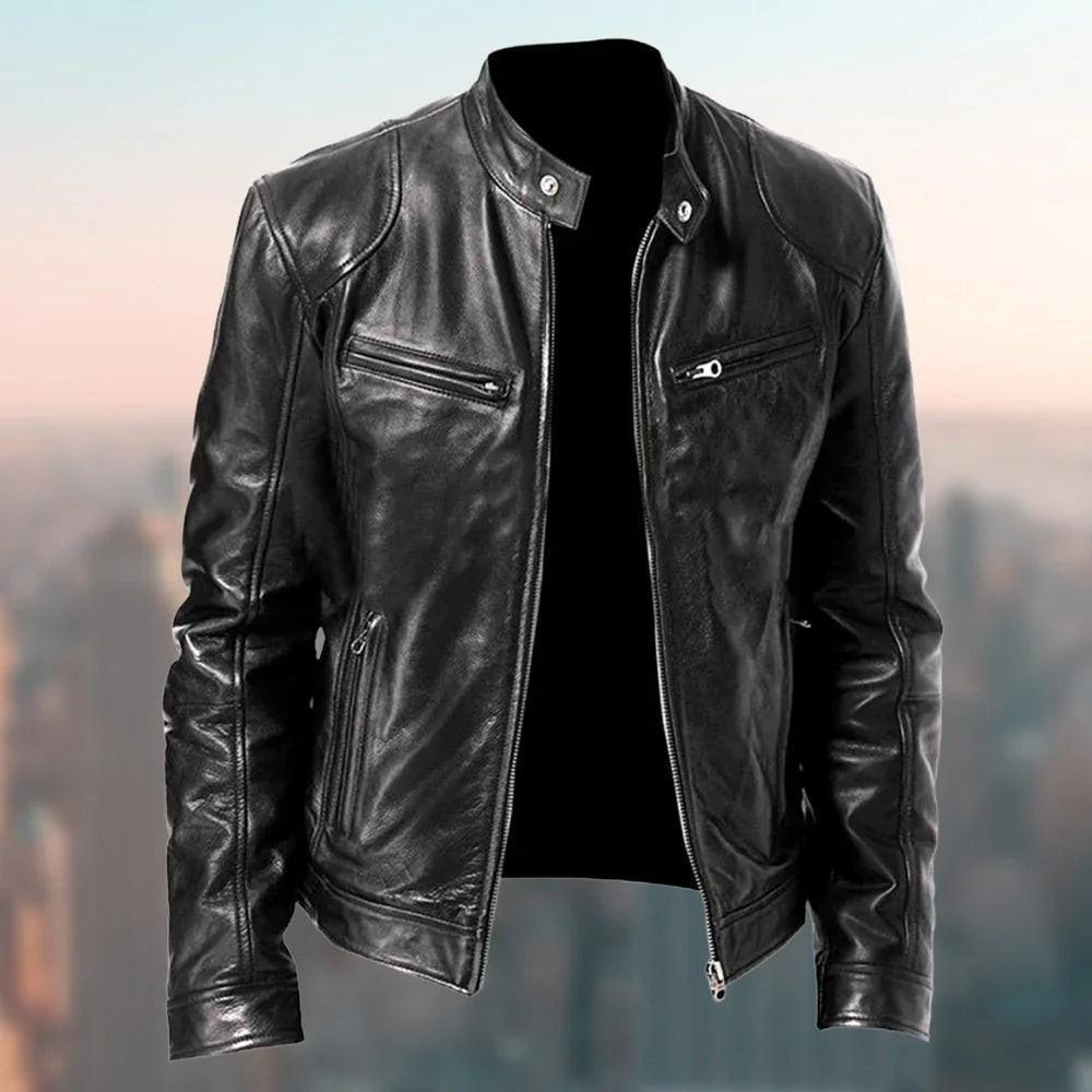 Gentleman'S Warm Zipper Cardigan Pocket Decorated Pu Leather Coat  Pre2brand