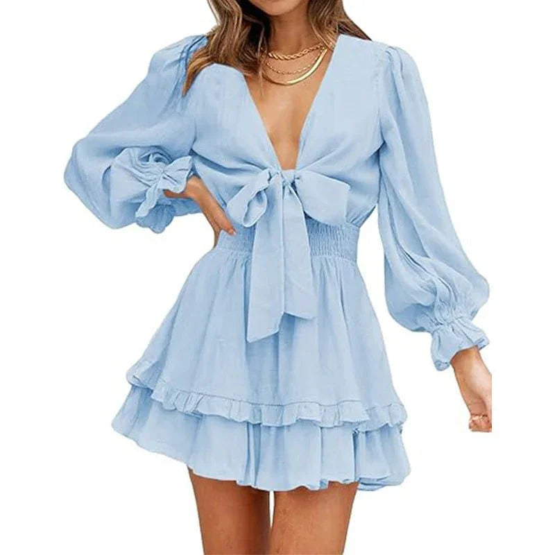 V-Neck Ruffled Slimming Long Sleeves Short A- Line Dress  Pre2brand