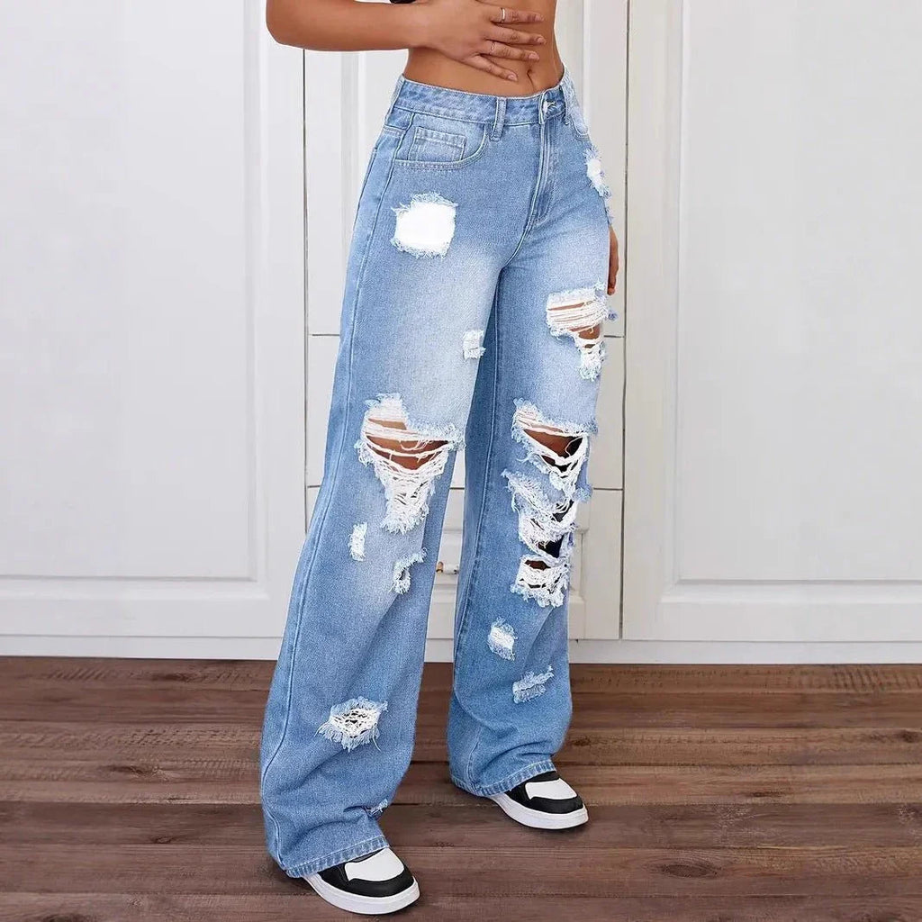 Women's Washed Ripped Straight Jeans  Pre2brand