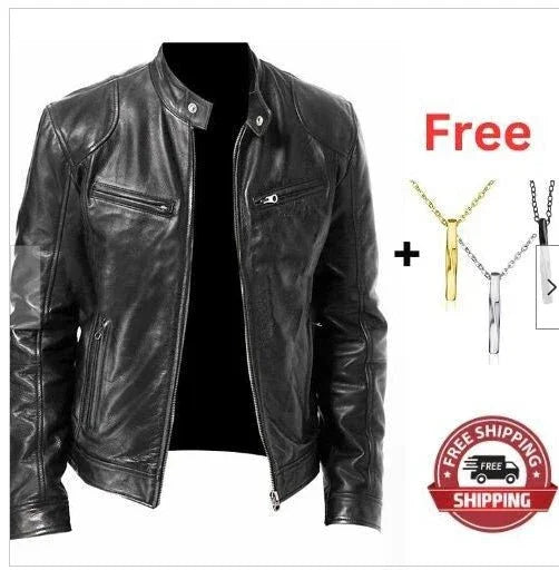 Gentleman'S Warm Zipper Cardigan Pocket Decorated Pu Leather Coat  Pre2brand
