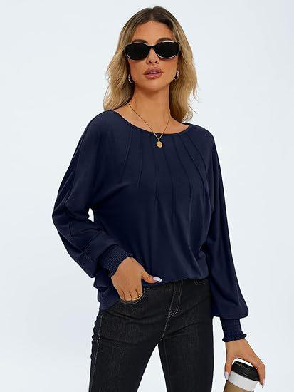 Women's Round Neck Pleated Long Sleeve Top  Pre2brand