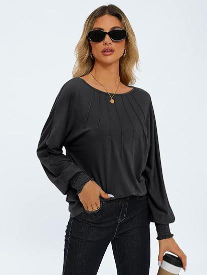 Women's Round Neck Pleated Long Sleeve Top  Pre2brand