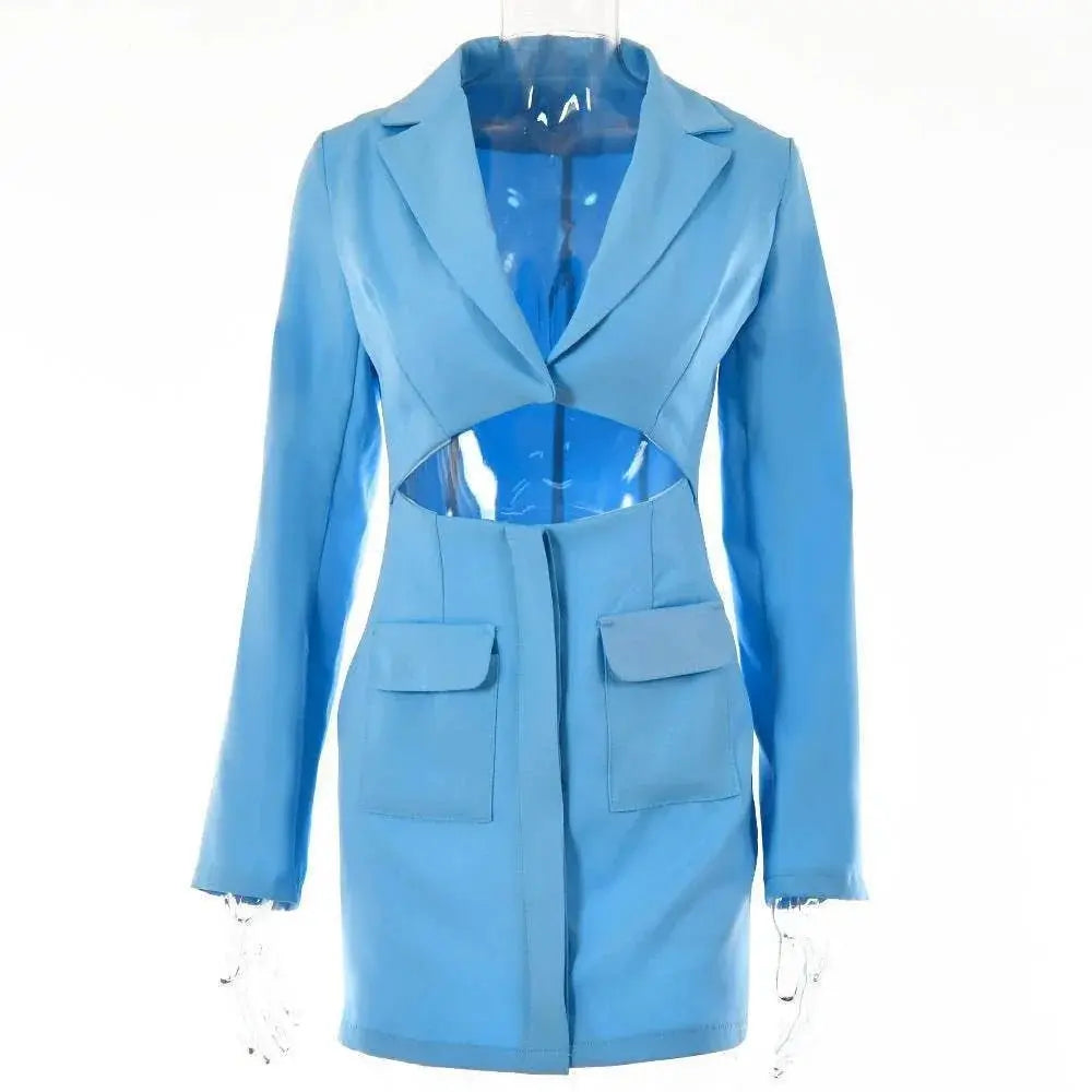 Blazer Dress Women Notched Collar Hollow Out Buttons Jacket  Pre2brand